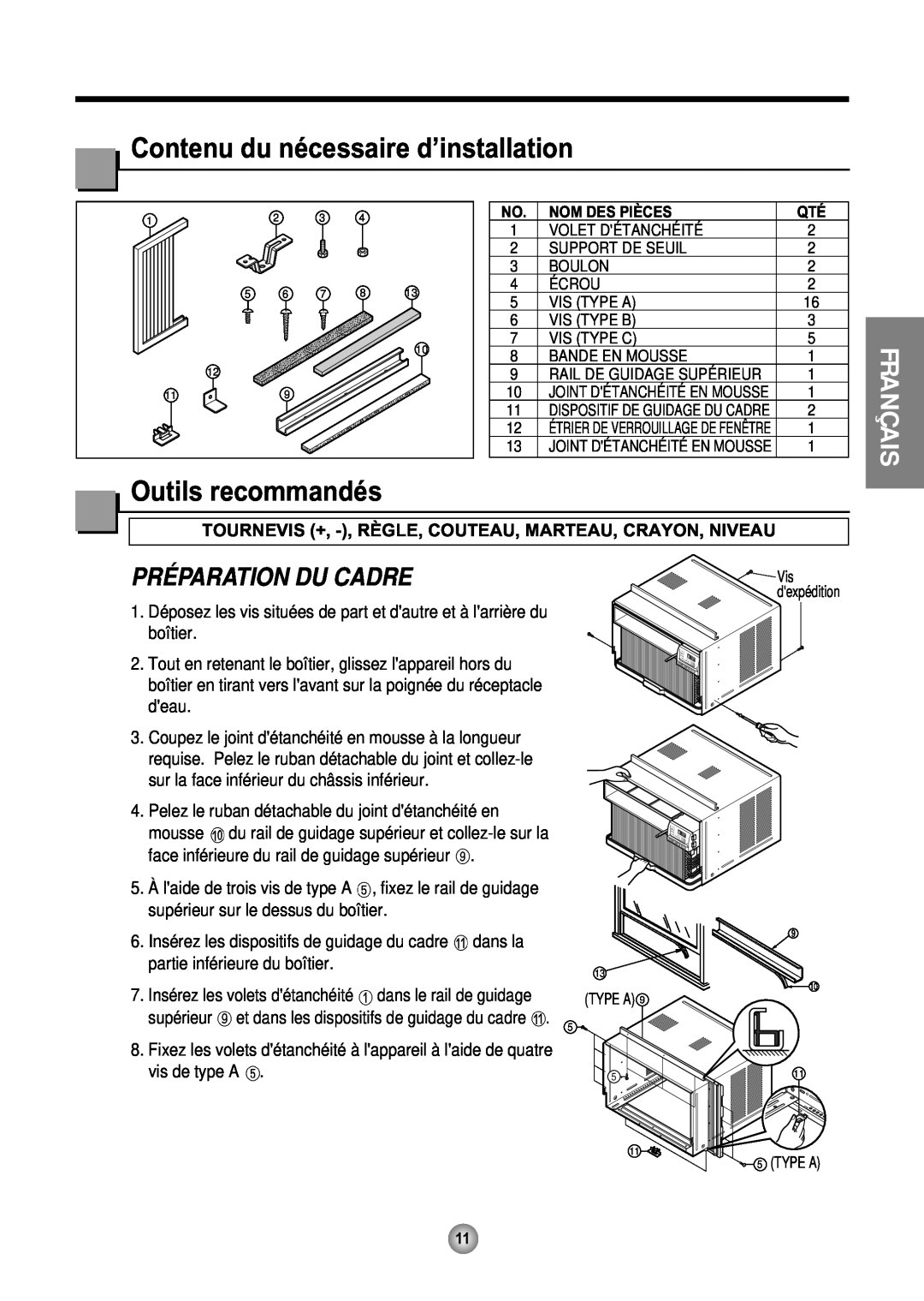 Friedrich CP08 operation manual Contenu du nécessaire d’installation, Outils recommandés, Préparation Du Cadre, Français 