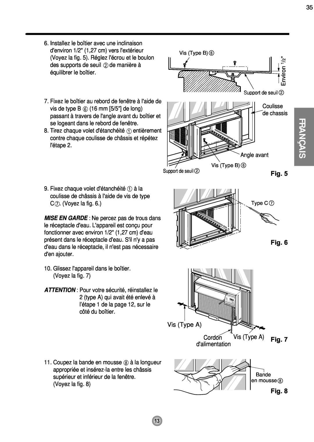 Friedrich CP08 operation manual Français, Vis Type A, Cordon, dalimentation 