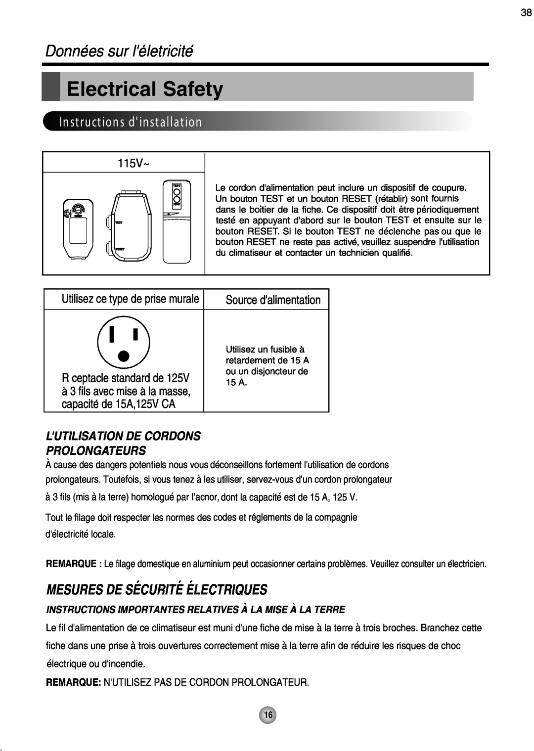 Friedrich CP08 sur leletricite` `, Electrical Safety, ElectricalIns u onDatas d insta lla tion, Donnees`, 115V~ 