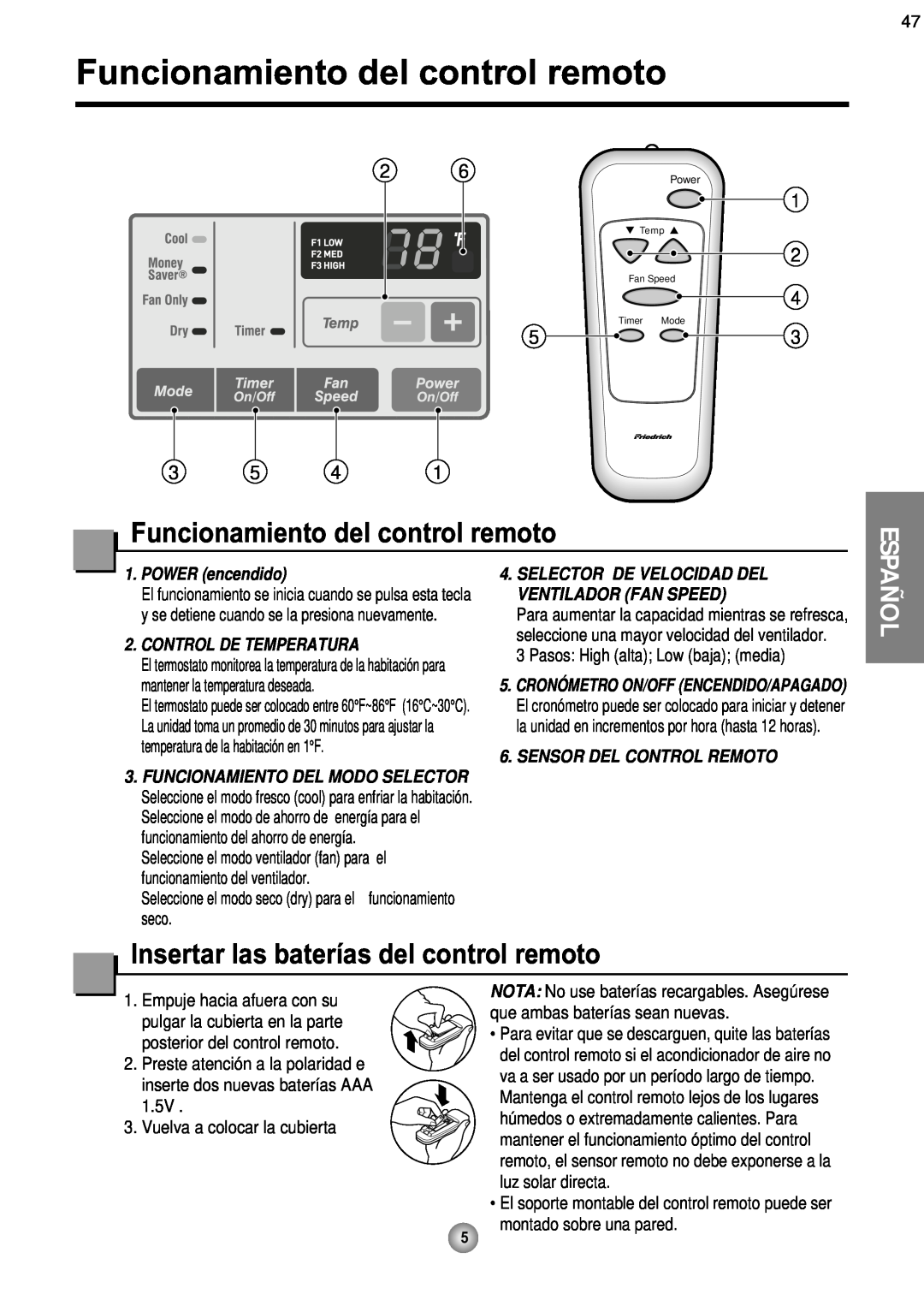 Friedrich CP08 Funcionamiento del control remoto, 1 2, POWER encendido, Control De Temperatura, Sensor Del Control Remoto 