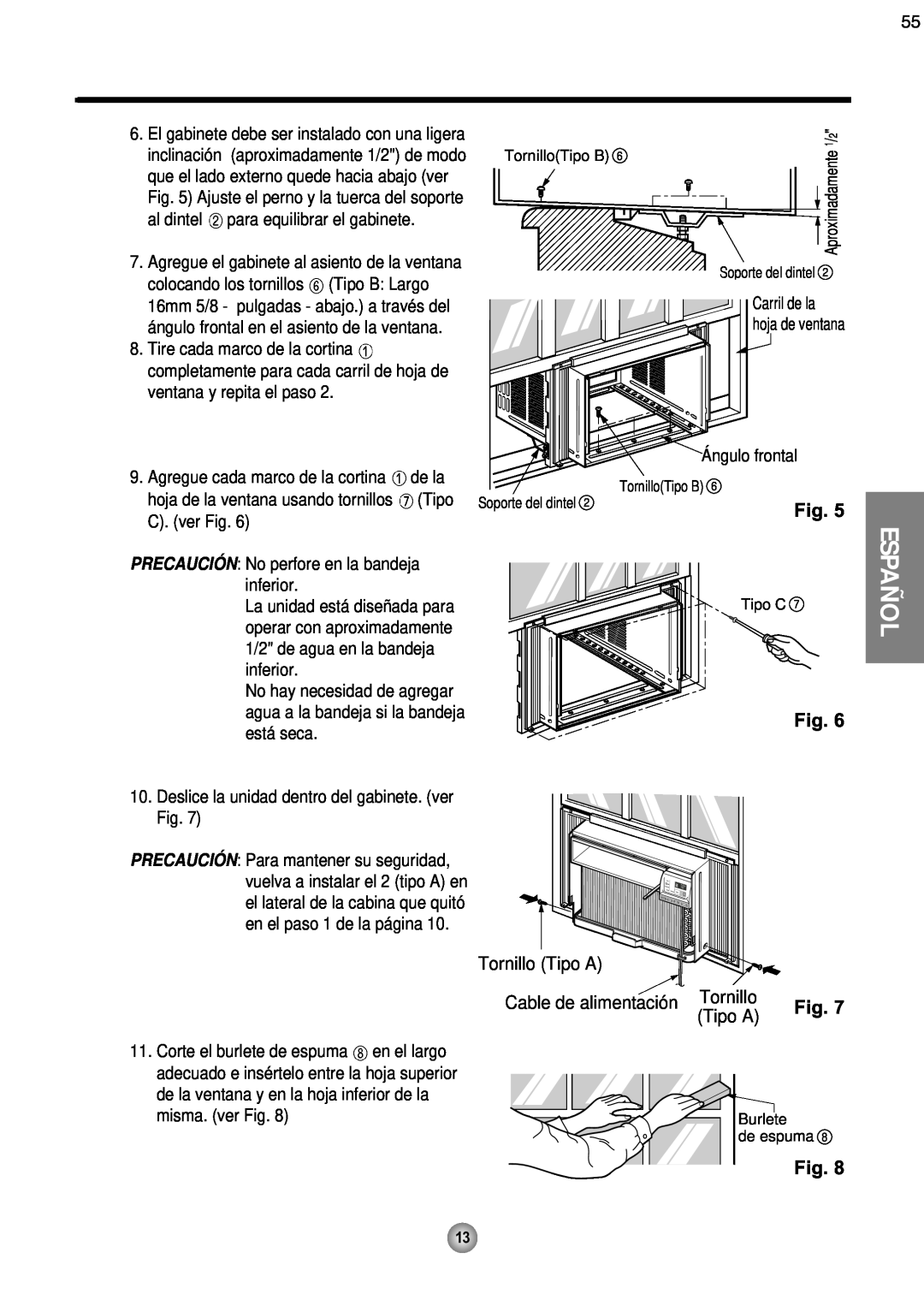 Friedrich CP08 operation manual Español, Tornillo Tipo A, Cable de alimentación 