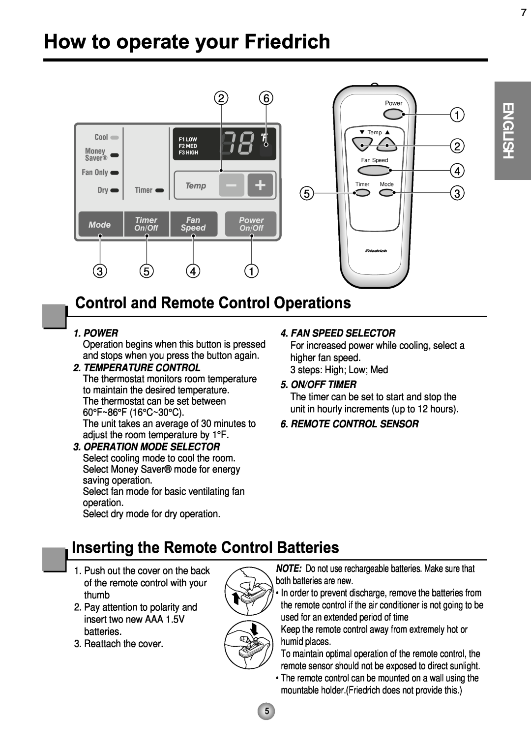 Friedrich CP08 operation manual How to operate your Friedrich, Control and Remote Control Operations, English 