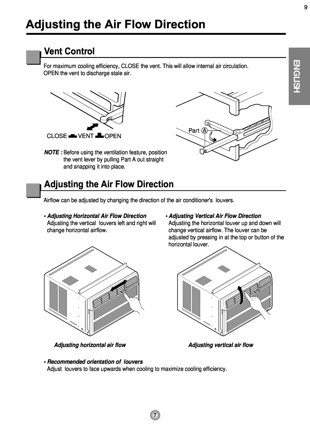 Friedrich CP08 operation manual Adjusting the Air Flow Direction, English, Adjusting Horizontal Air Flow Direction 