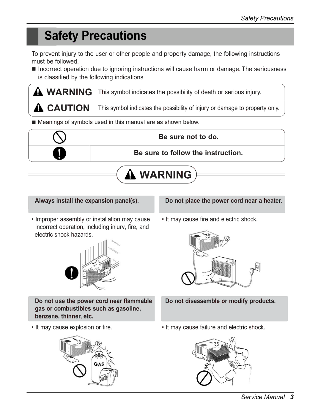 Friedrich CP06E10, CP08E10 manual Safety Precautions, Be sure not to do 