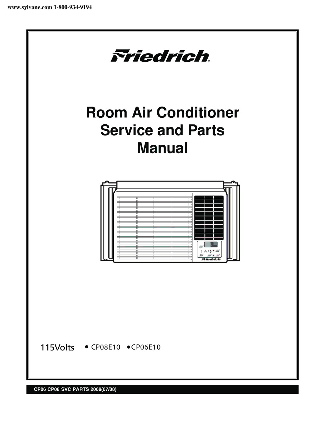 Friedrich CP06E10, CP08E10 manual Room Air Conditioner Service and Parts Manual 