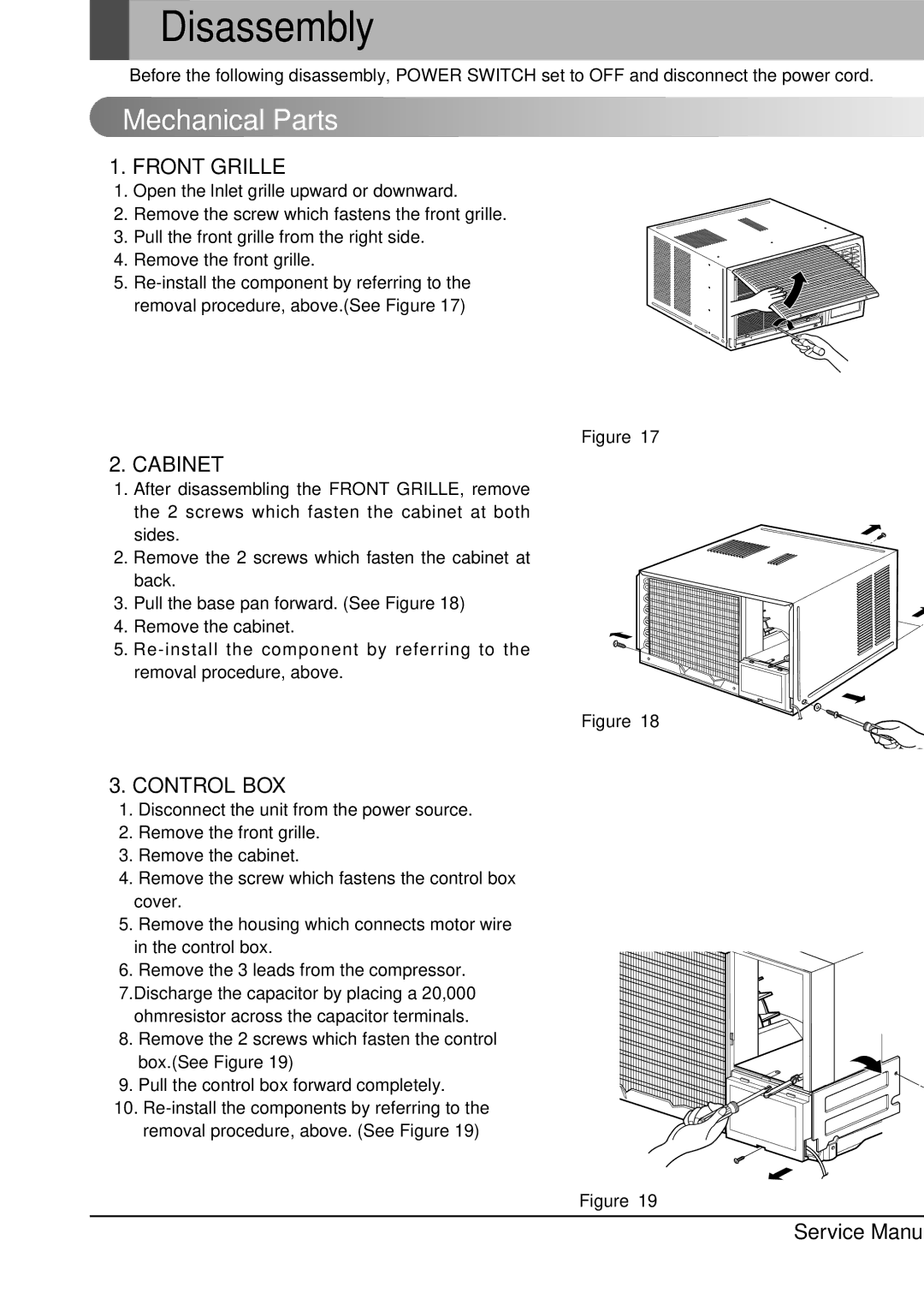 Friedrich CP08E10, CP06E10 manual Disassembly, Mechanical Parts, Front Grille, Cabinet, Control BOX 