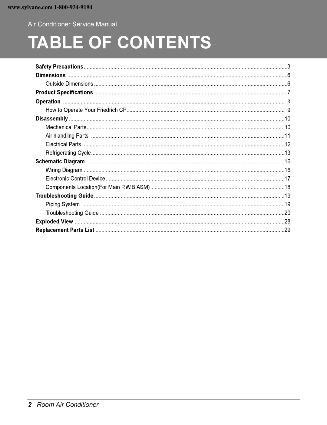 Friedrich CP08E10, CP06E10 manual Table of Contents 