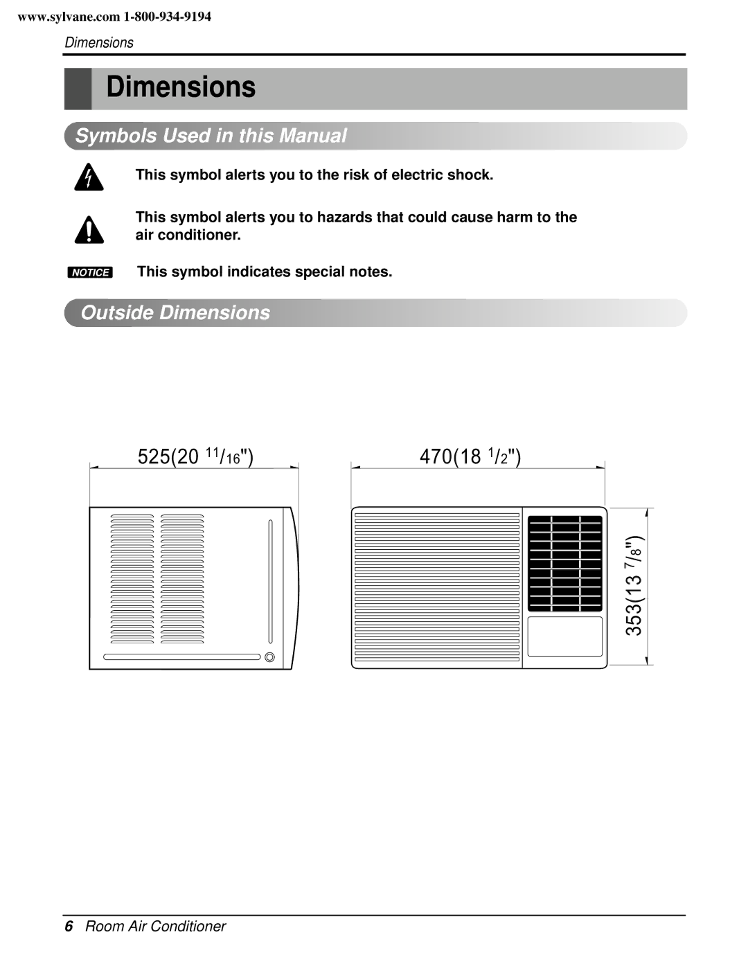 Friedrich CP08E10, CP06E10 manual Symbols Used in this Manual, Outside Dimensions 