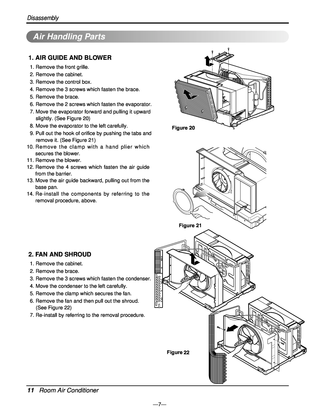 Friedrich CP06E10, CP08E10 manual Air HandlingParts, Air Guide And Blower, Fan And Shroud, Room Air Conditioner, Disassembly 