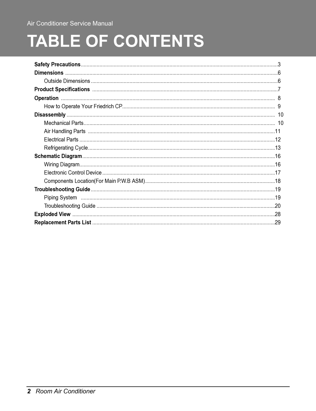 Friedrich CP10E10, CP12E10 manual Table of Contents 