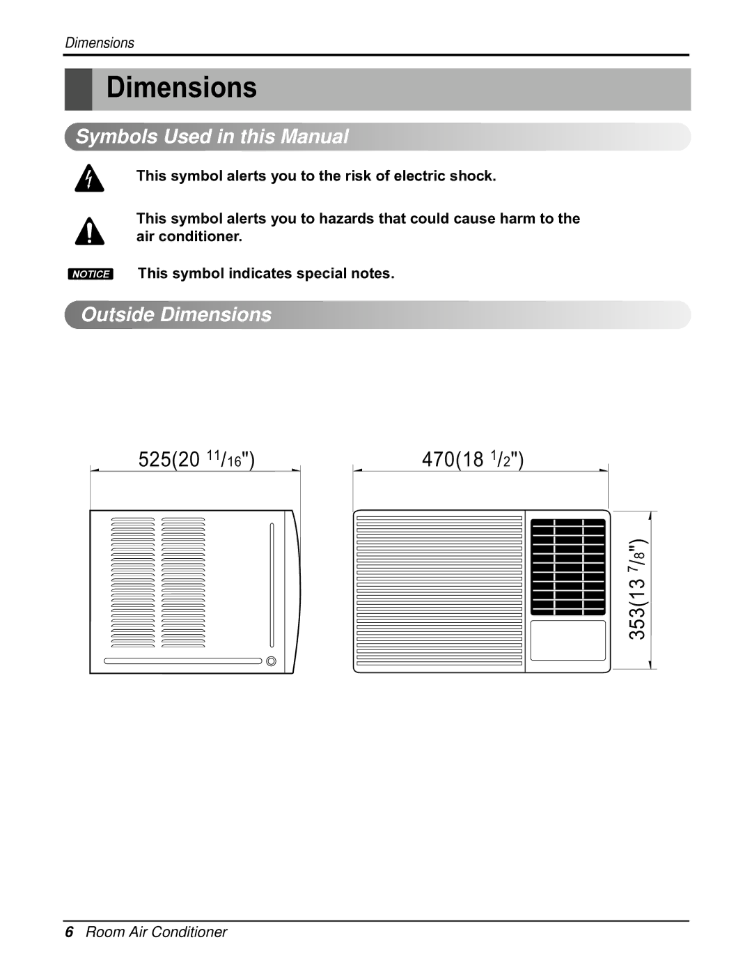 Friedrich CP10E10, CP12E10 manual Symbols Used in this Manual, Outside Dimensions 