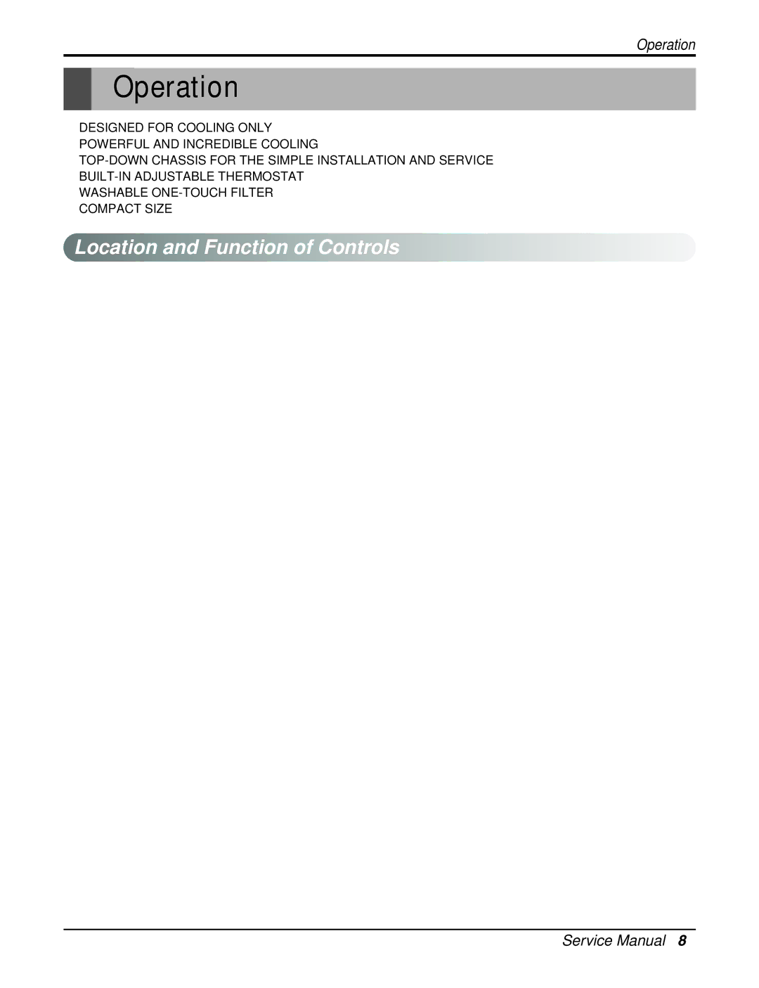 Friedrich CP10E10, CP12E10 manual Operation, Location and Function of Controls 