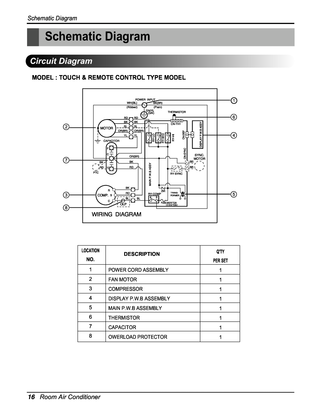 Friedrich CP10E10, CP12E10 manual Schematic Diagram, Circuit Diagram, 16Room Air Conditioner, Description 