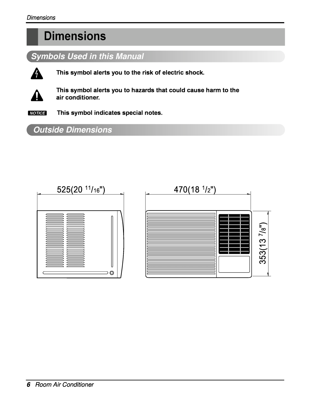 Friedrich CP10E10, CP12E10 SymbolsUsedin this Manual, OutsideDimensions, 6Room Air Conditioner, 52520 11/16, 47018 1/2 