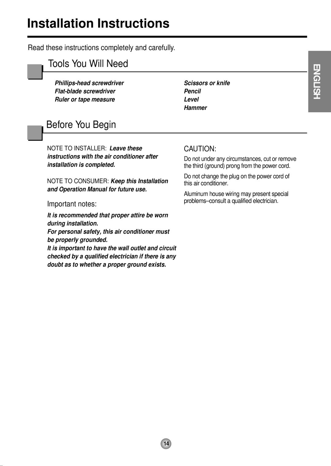 Friedrich CP12, CP10 operation manual Installation Instructions, Tools You Will Need 