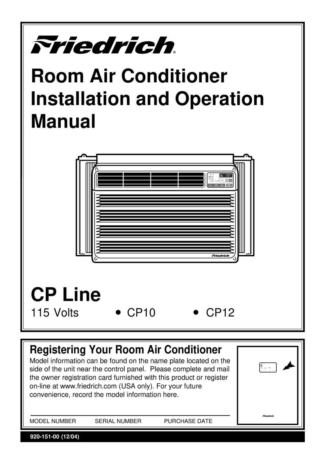 Friedrich CP12, CP10 operation manual 