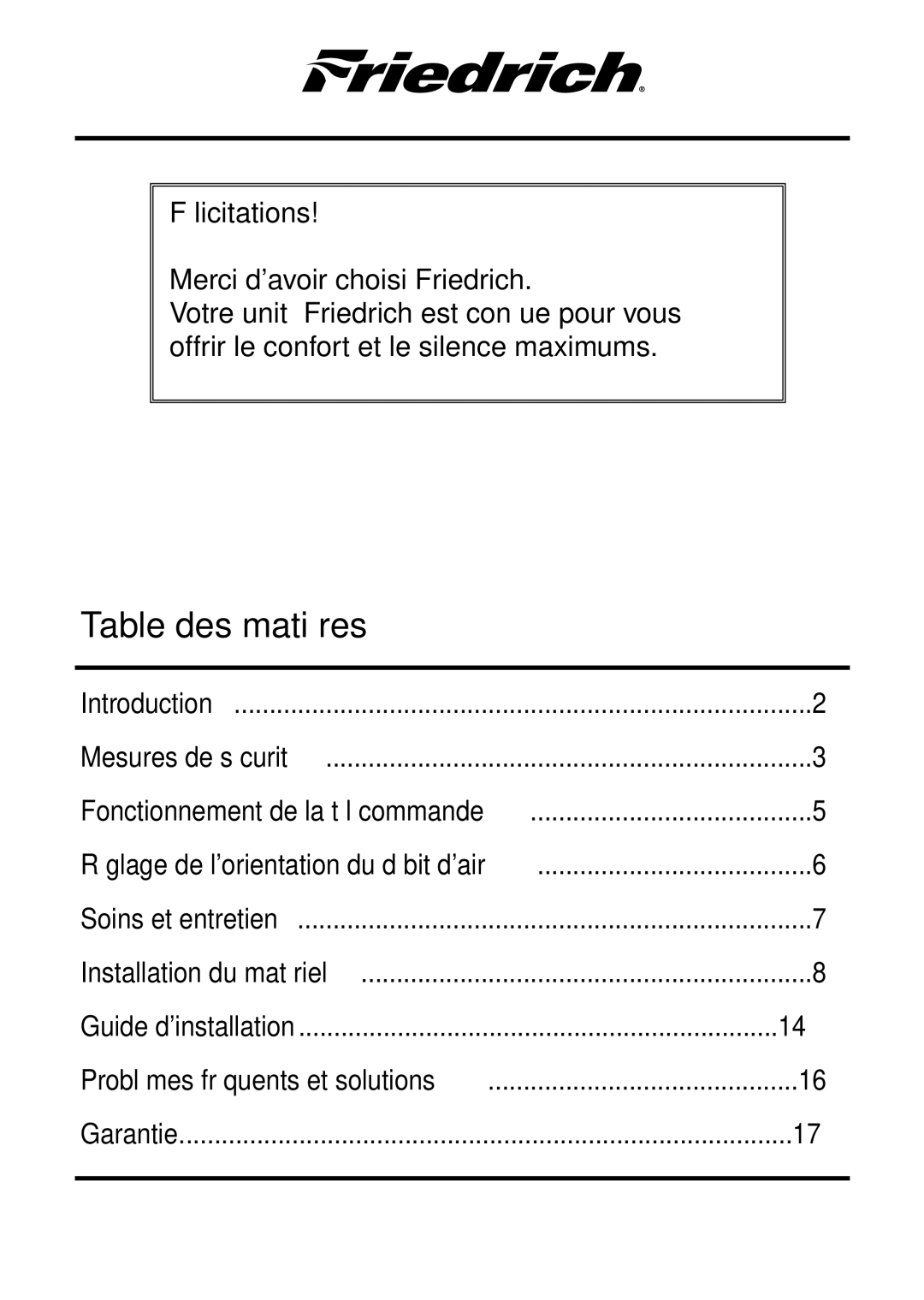 Friedrich CP12, CP10 operation manual Table des matières 