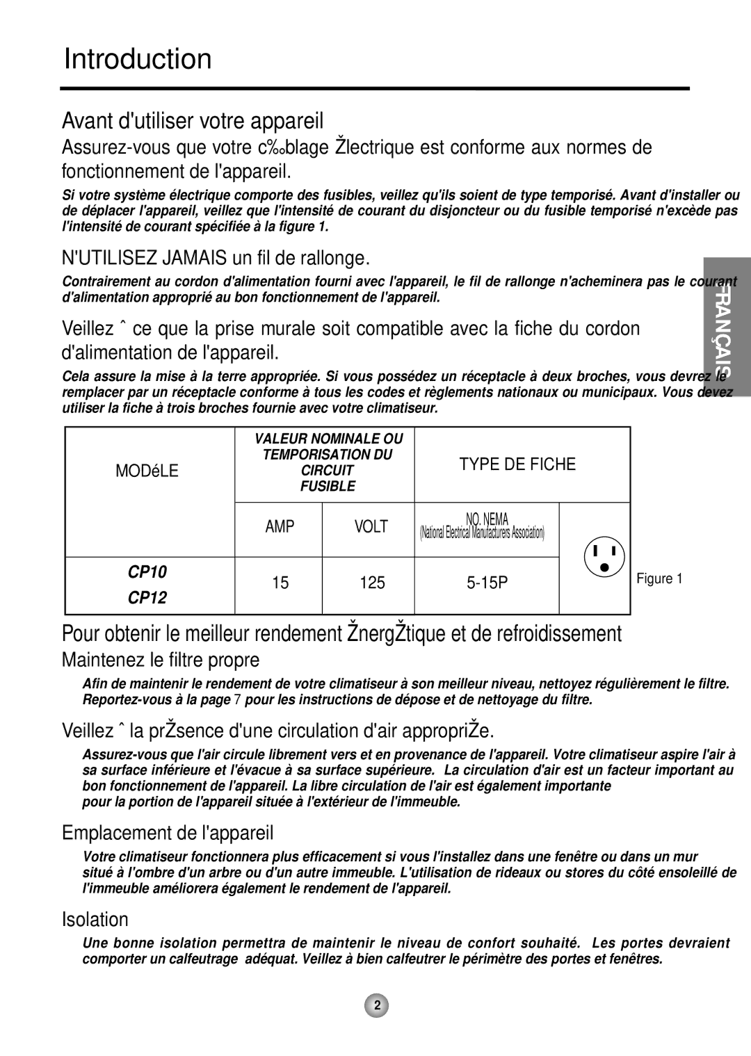 Friedrich CP10, CP12 operation manual Avant dutiliser votre appareil, Nutilisez Jamais un fil de rallonge 