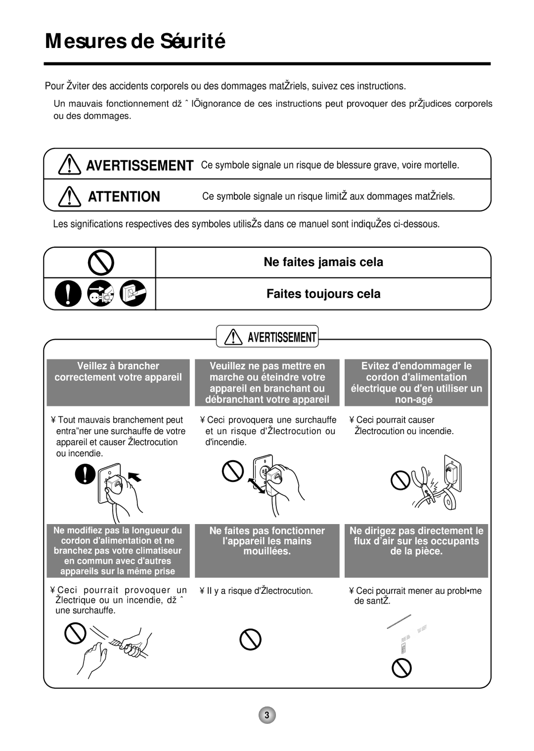 Friedrich CP12, CP10 operation manual Mesures de Sécurité, Avertissement 