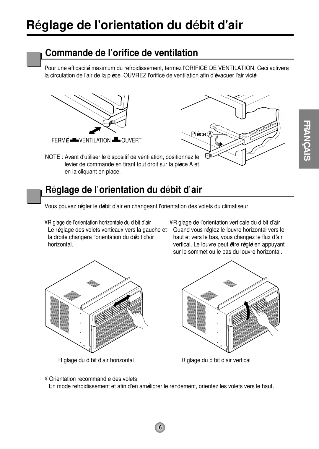 Friedrich CP10, CP12 operation manual Ré glage de lorientation du dé bit dair, Commande de l’orifice de ventilation 