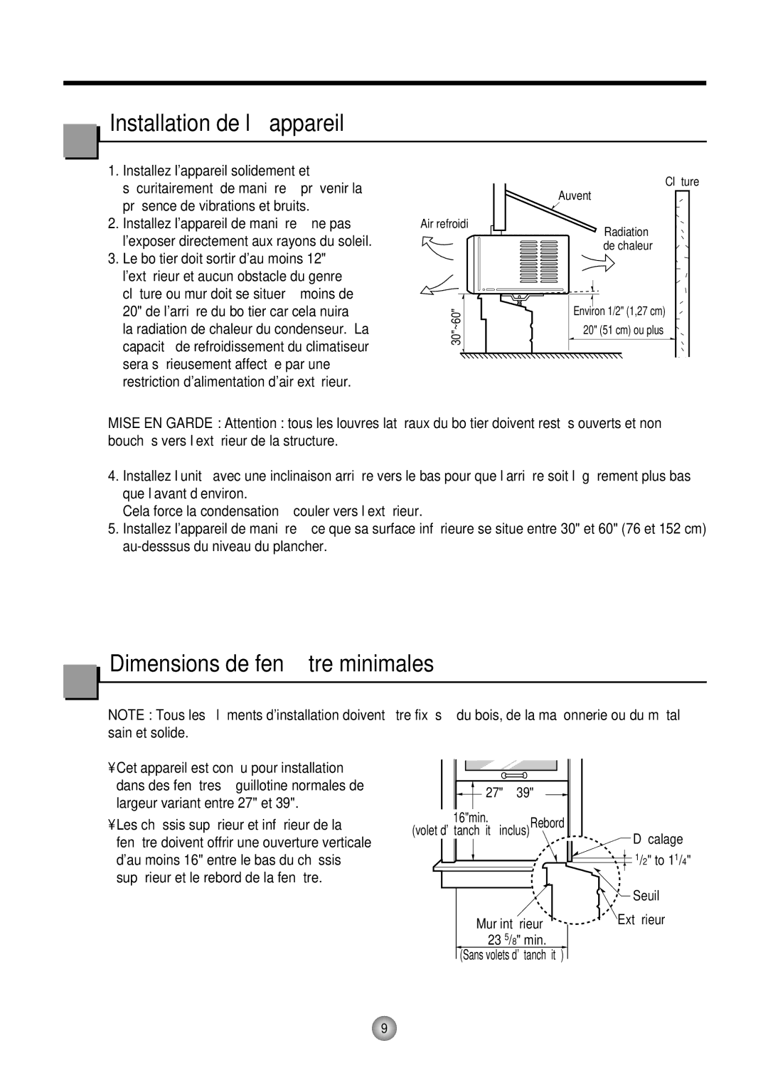 Friedrich CP12, CP10 operation manual Installation de l’appareil, Dimensions de fenê tre minimales 