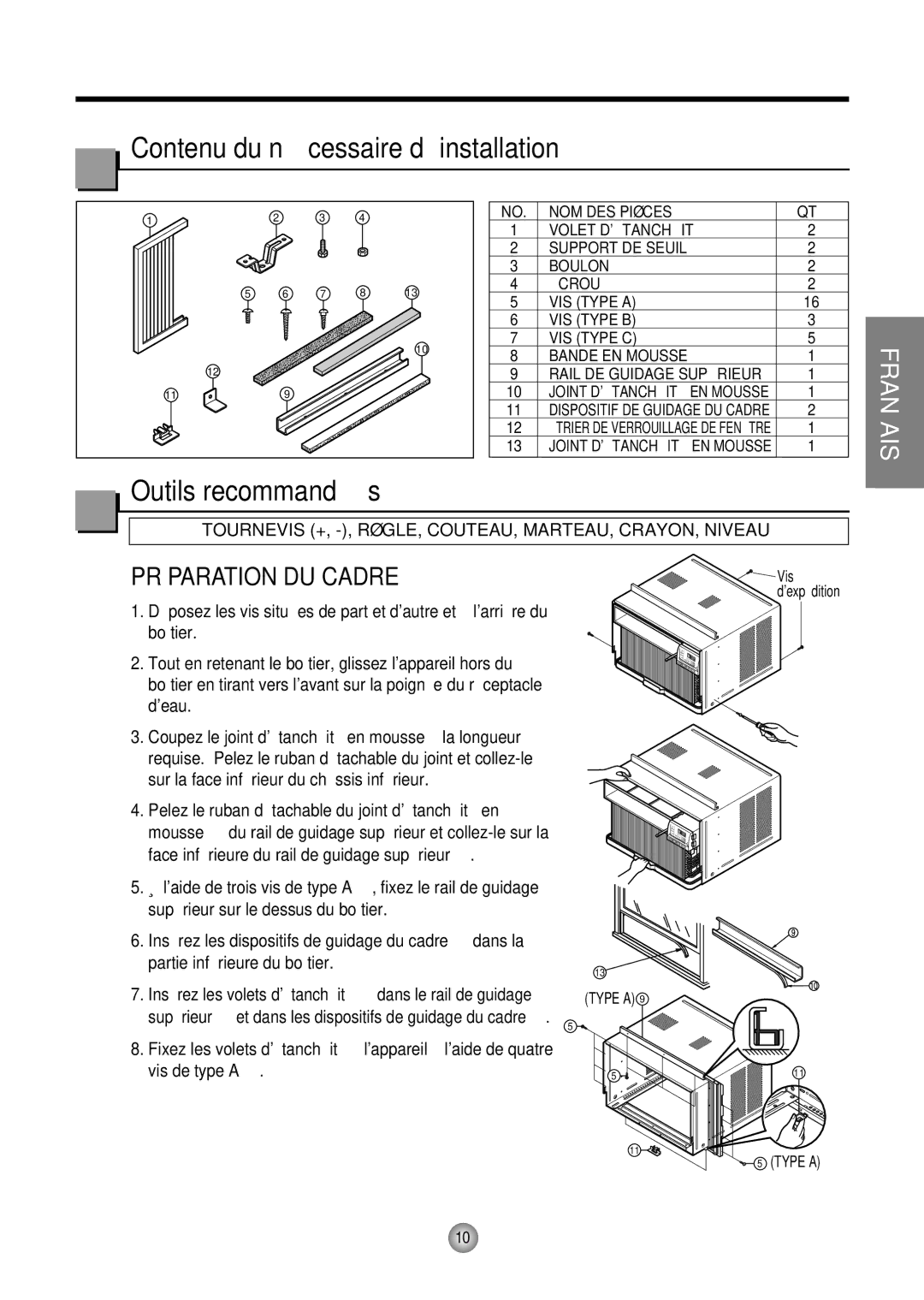 Friedrich CP10, CP12 operation manual Contenu du né cessaire d’installation, Outils recommandé s 