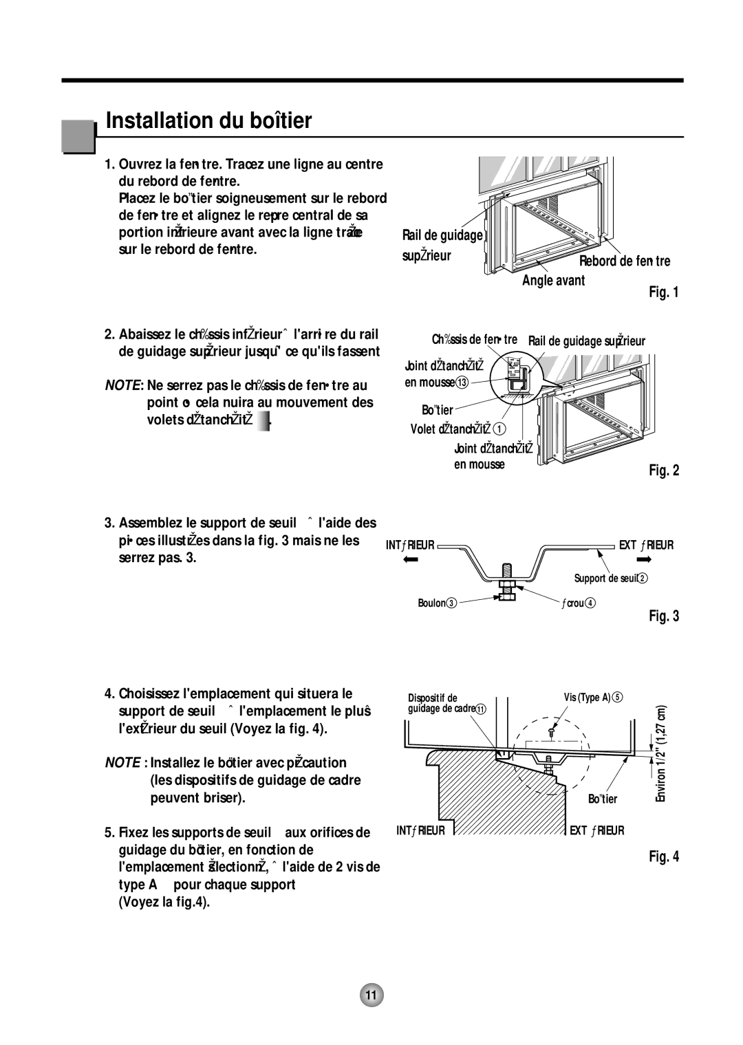 Friedrich CP12, CP10 operation manual Installation du boîtier, Rebord de fenêtre Angle avant 