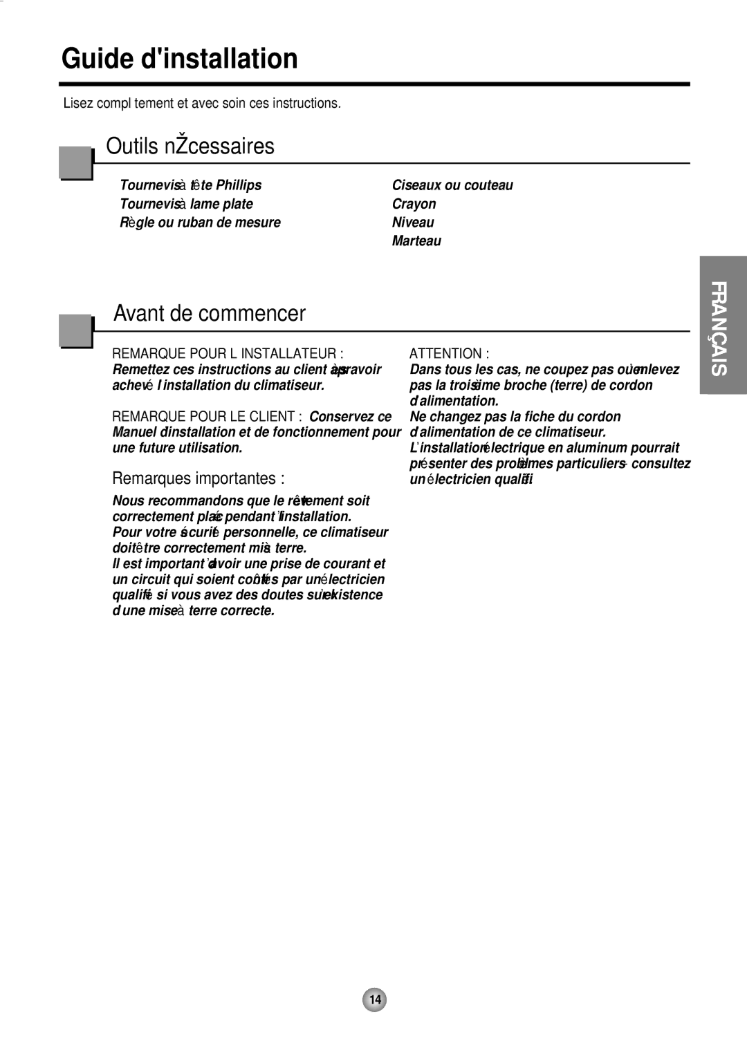 Friedrich CP10, CP12 operation manual Guide dinstallation, Outils nécessaires 