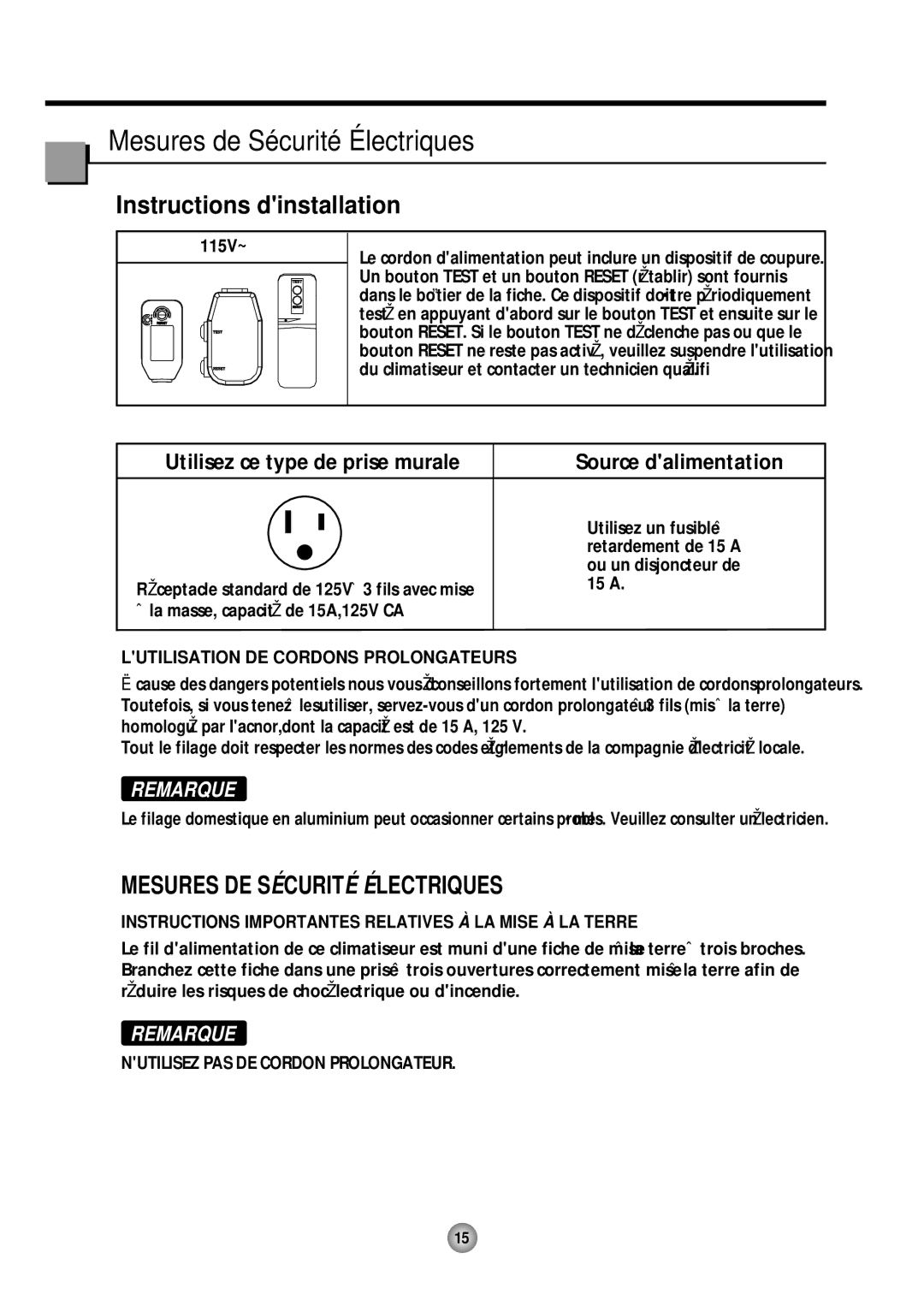 Friedrich CP12, CP10 operation manual Instructions dinstallation, Instructions Importantes Relatives À LA Mise À LA Terre 