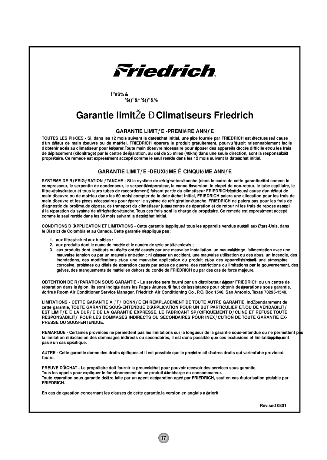 Friedrich CP12, CP10 operation manual Garantie limité e Climatiseurs Friedrich 