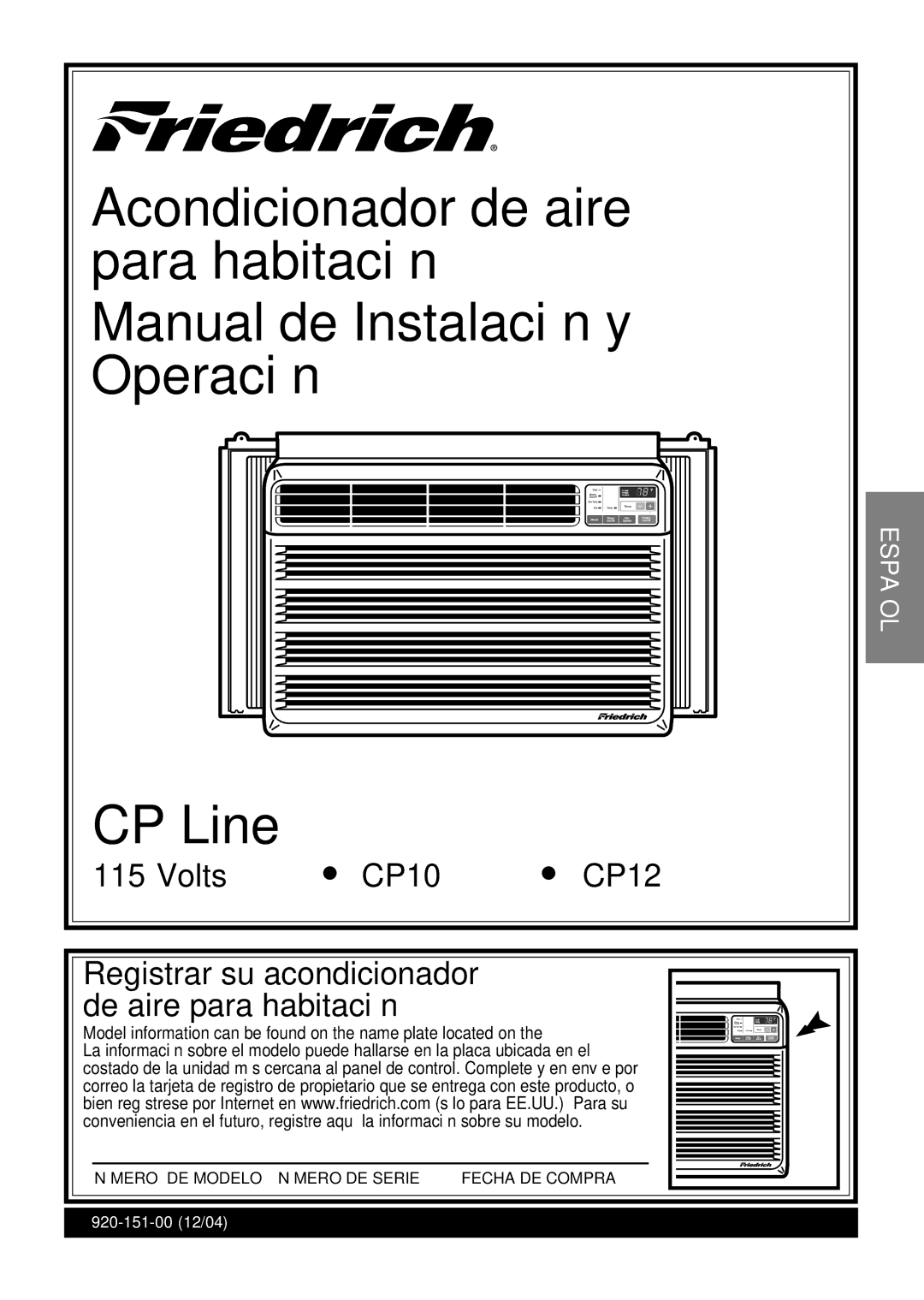 Friedrich CP12, CP10 operation manual Acondicionador de aire 