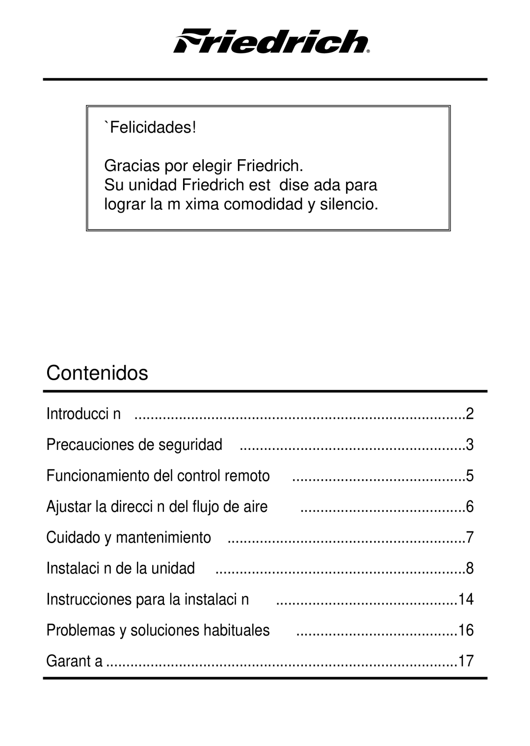 Friedrich CP10, CP12 operation manual Contenidos 