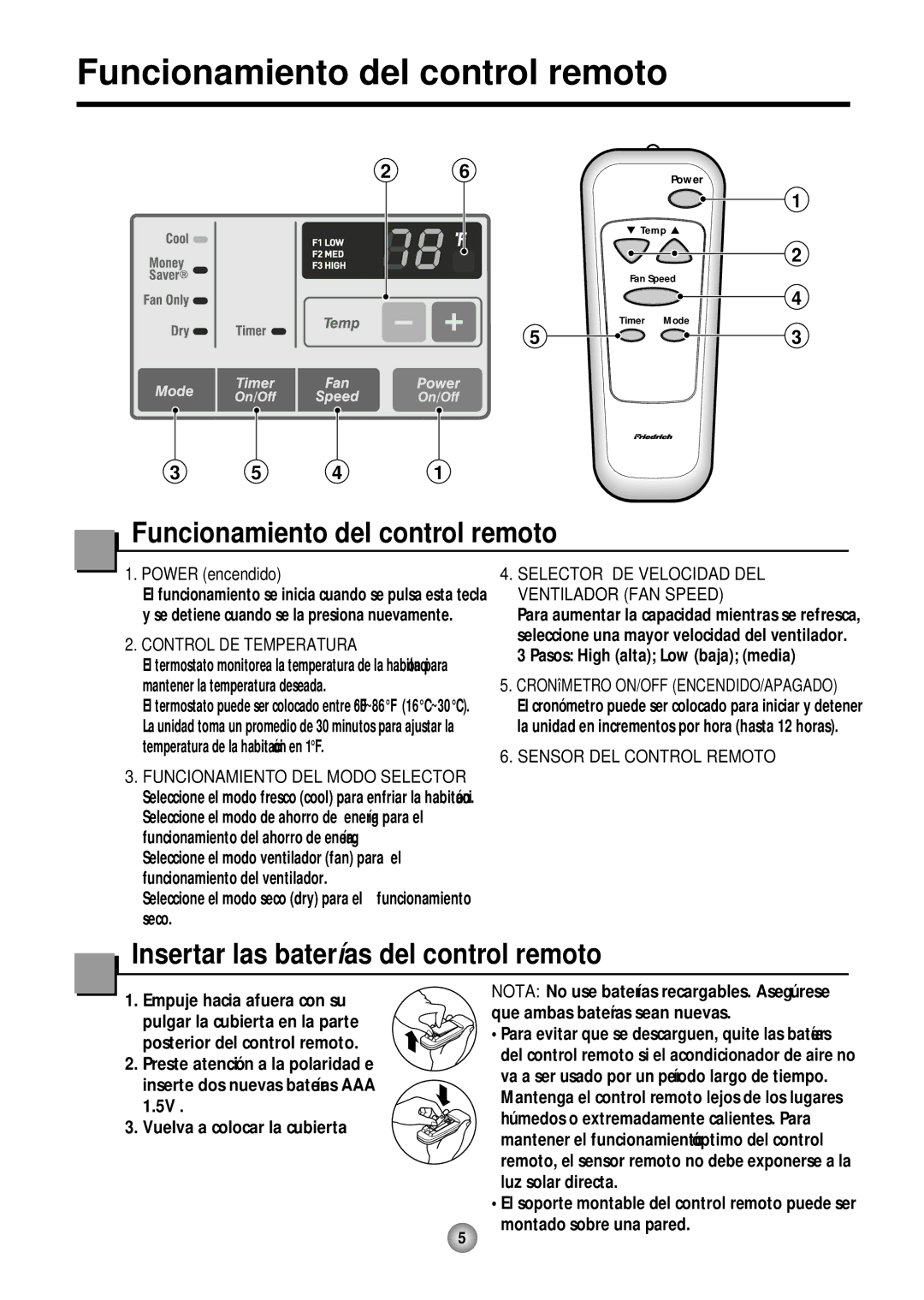 Friedrich CP10, CP12 Funcionamiento del control remoto, Insertar las baterías del control remoto, Control DE Temperatura 