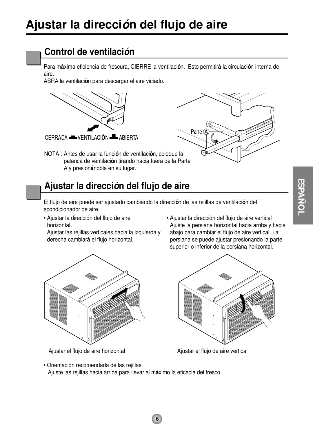 Friedrich CP12, CP10 operation manual Ajustar la direcció n del flujo de aire, Control de ventilació n 