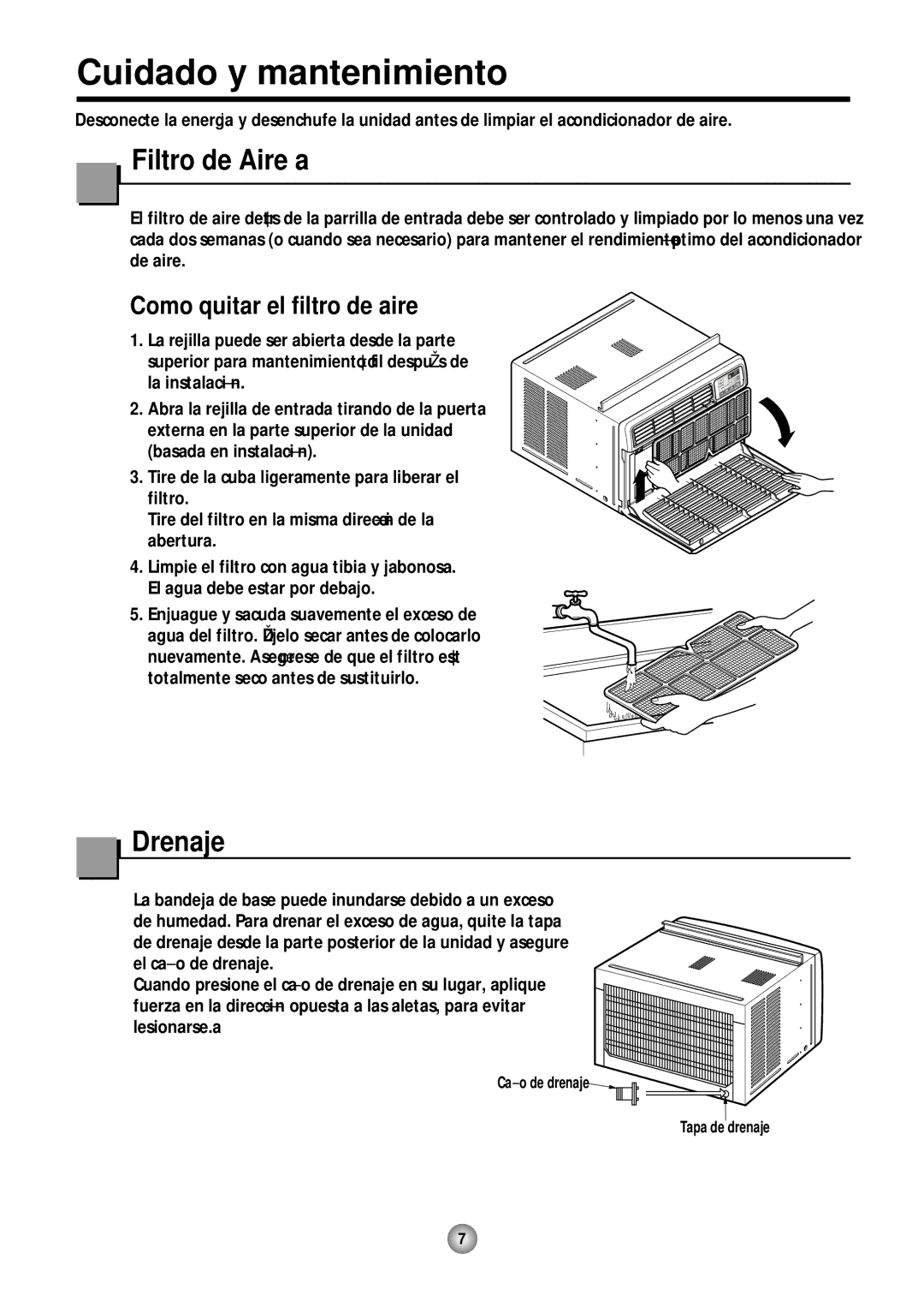 Friedrich CP10, CP12 operation manual Cuidado y mantenimiento, Filtro de Aire a, Drenaje, Como quitar el filtro de aire 