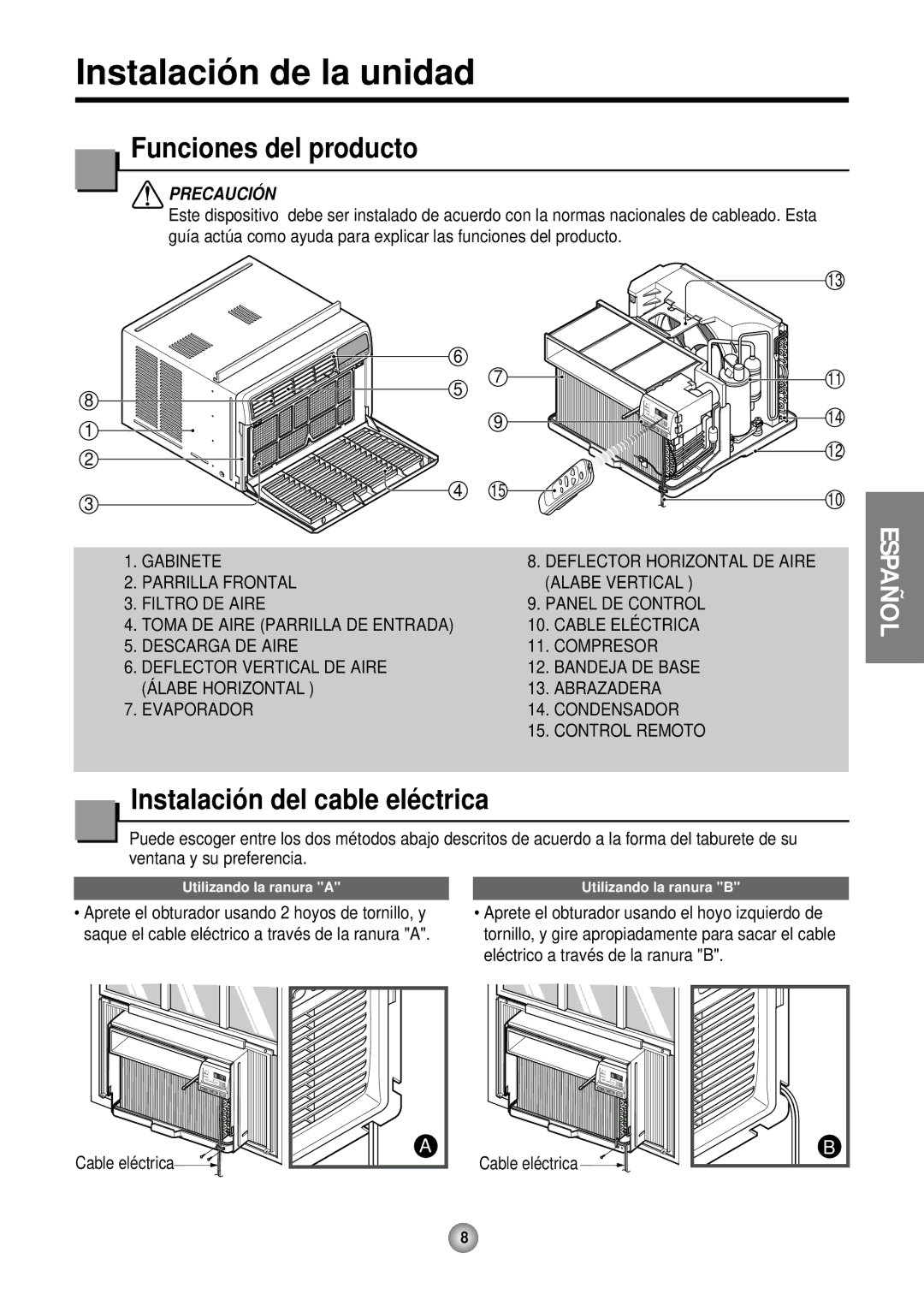 Friedrich CP12, CP10 Instalació n de la unidad, Funciones del producto, Instalació n del cable elé ctrica, Precaución 