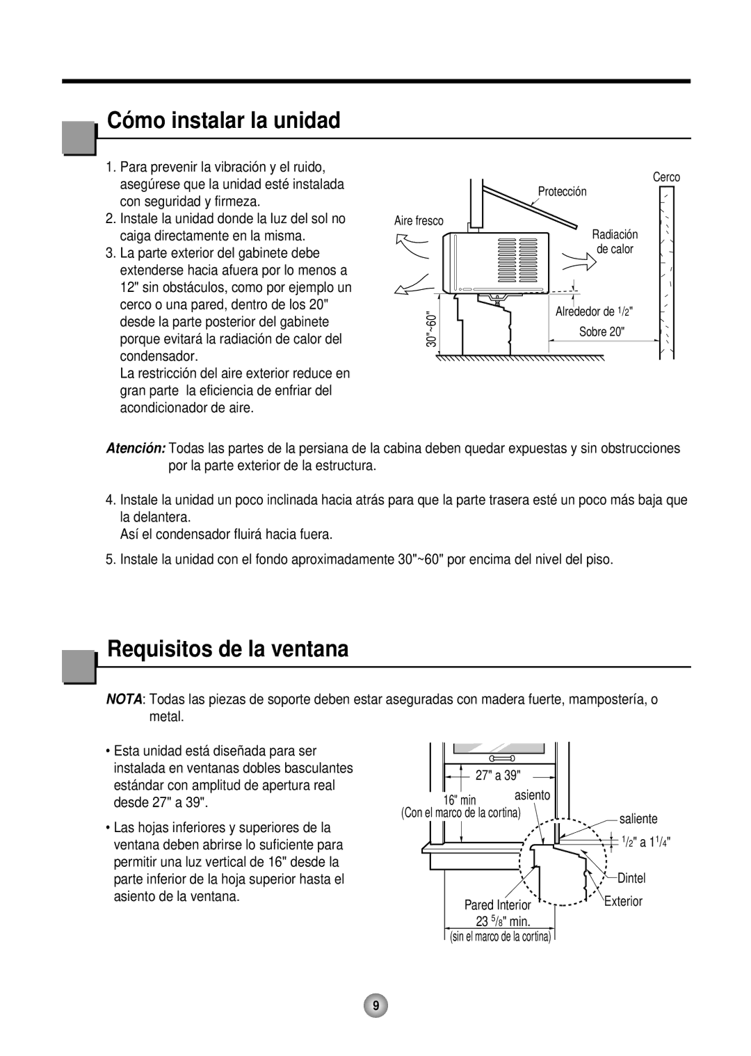 Friedrich CP10, CP12 operation manual Có mo instalar la unidad, Requisitos de la ventana 