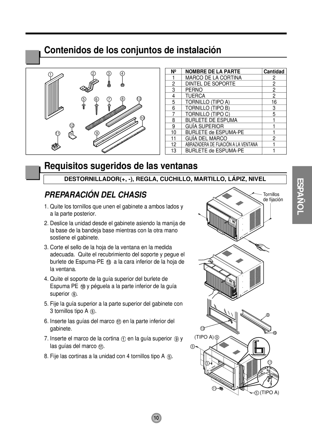 Friedrich CP12, CP10 operation manual Contenidos de los conjuntos de instalació n, Requisitos sugeridos de las ventanas 