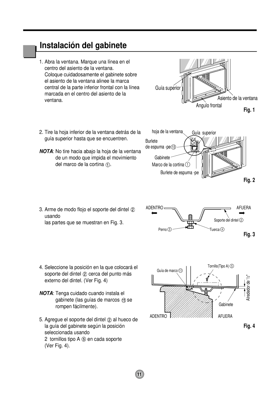 Friedrich CP10, CP12 operation manual Instalació n del gabinete, Guía superior Asiento de la ventana Angulo frontal 