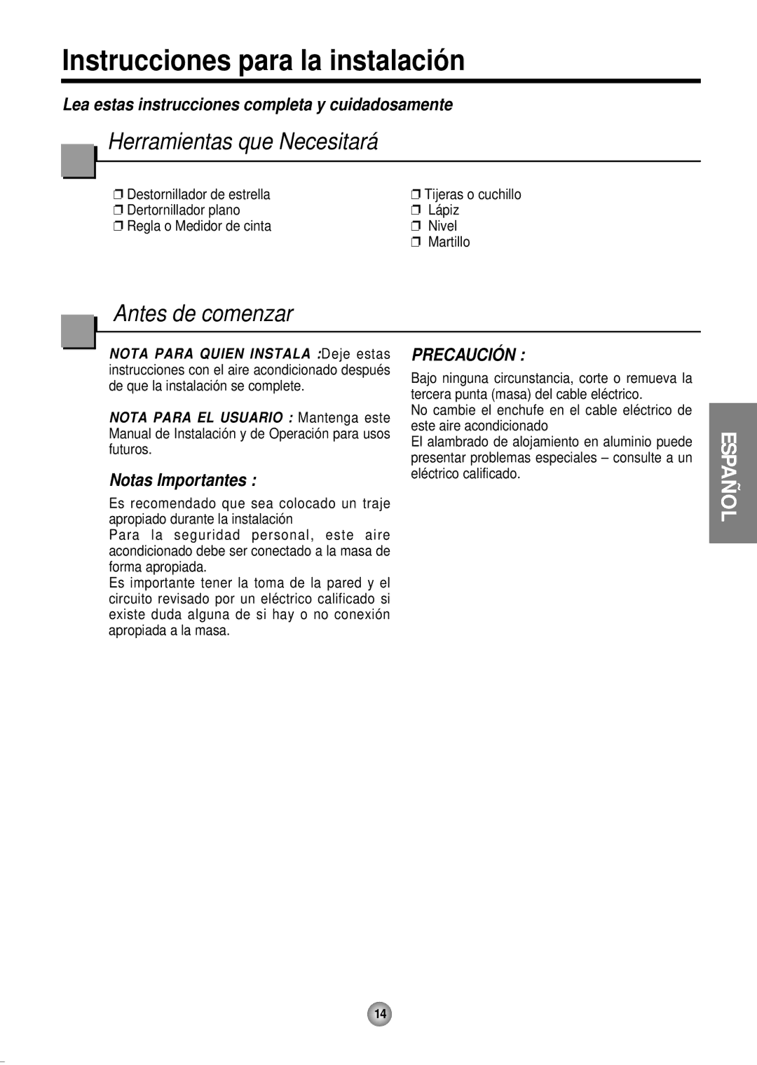 Friedrich CP12, CP10 operation manual Instrucciones para la instalació n, Herramientas que Necesitará 