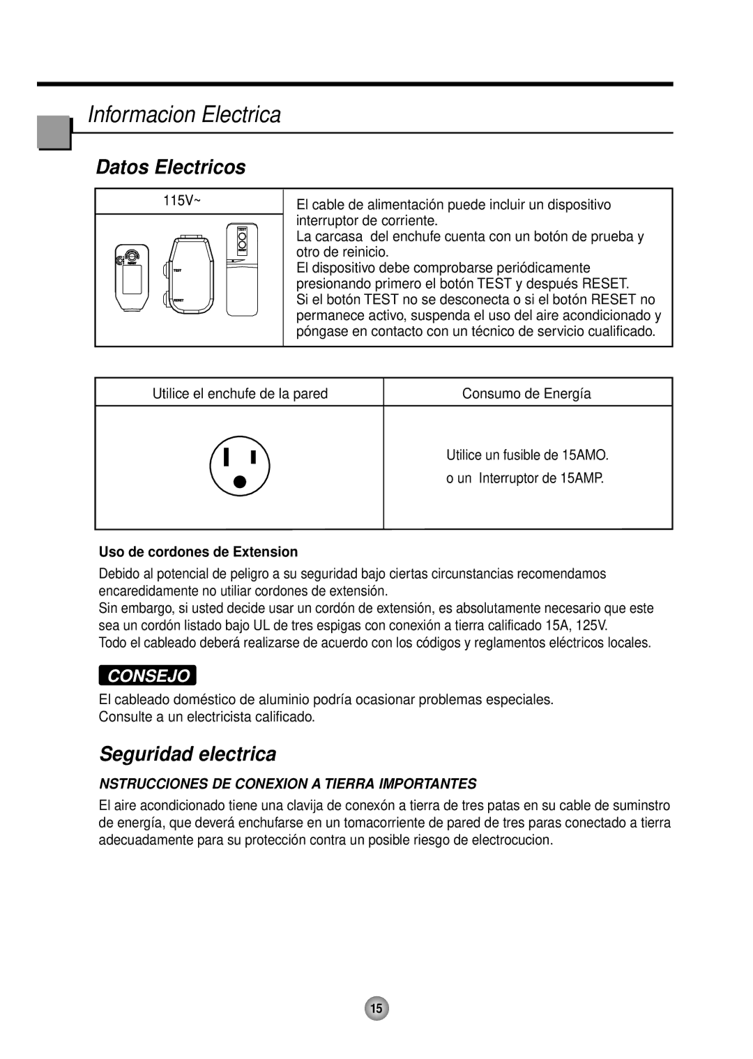 Friedrich CP10, CP12 operation manual Datos Electricos, Seguridad electrica, Nstrucciones DE Conexion a Tierra Importantes 