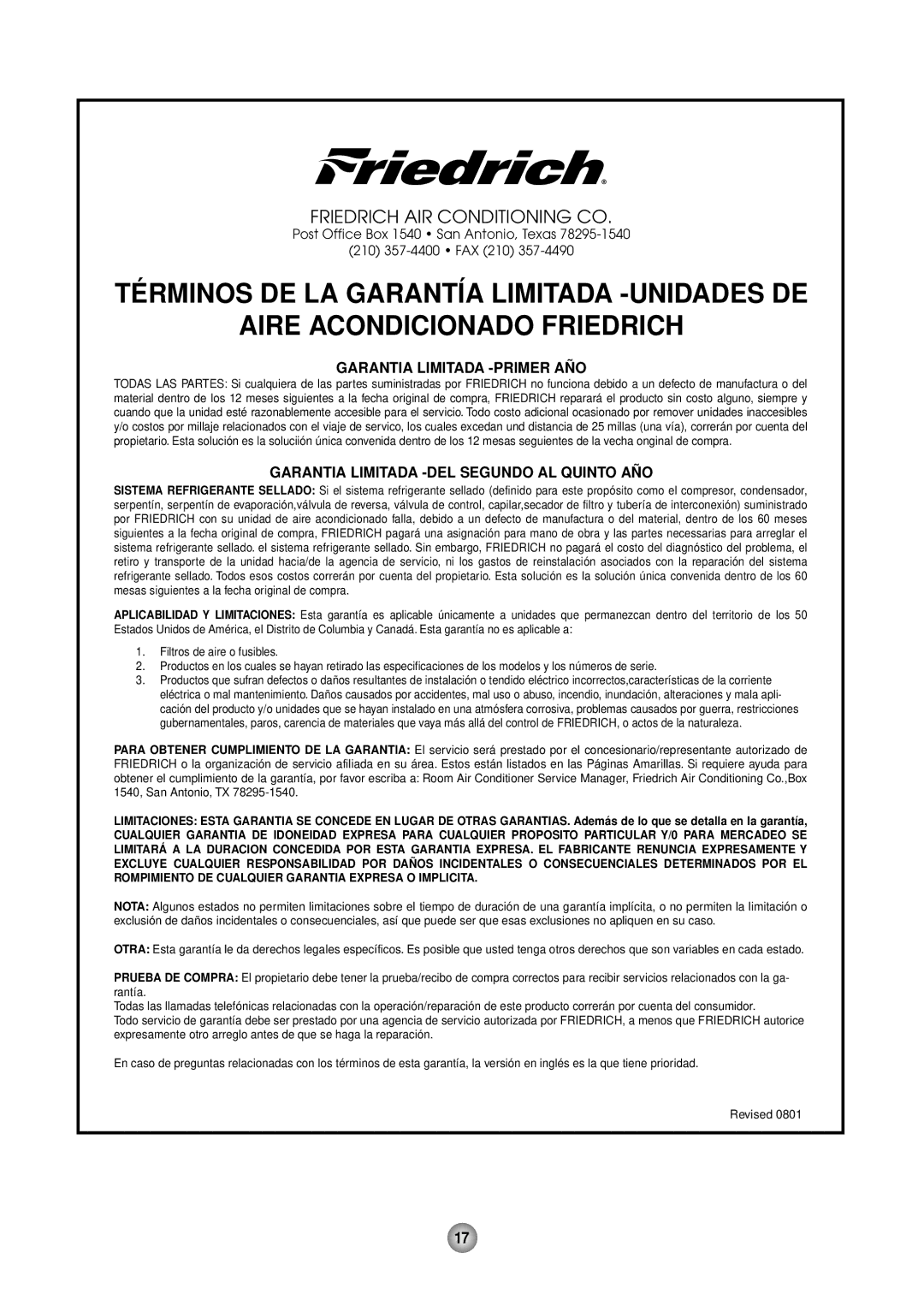 Friedrich CP10, CP12 operation manual Garantia Limitada -PRIMER AÑ O 