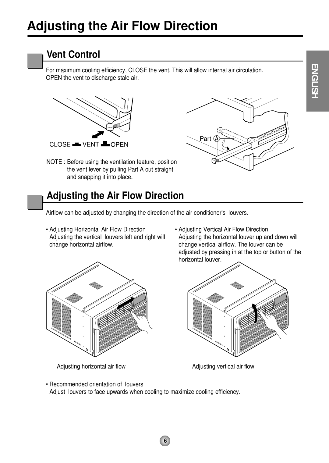 Friedrich CP12, CP10 operation manual Adjusting the Air Flow Direction, Vent Control 