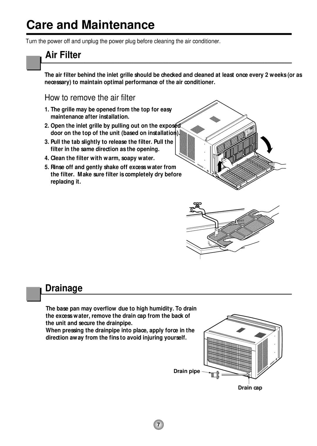 Friedrich CP10, CP12 operation manual Care and Maintenance, Air Filter, Drainage, How to remove the air filter 