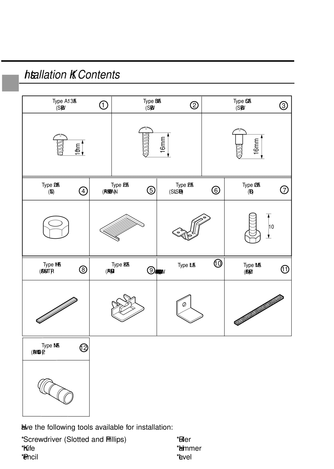 Friedrich CP12, CP10 manual Installation Kit Contents 