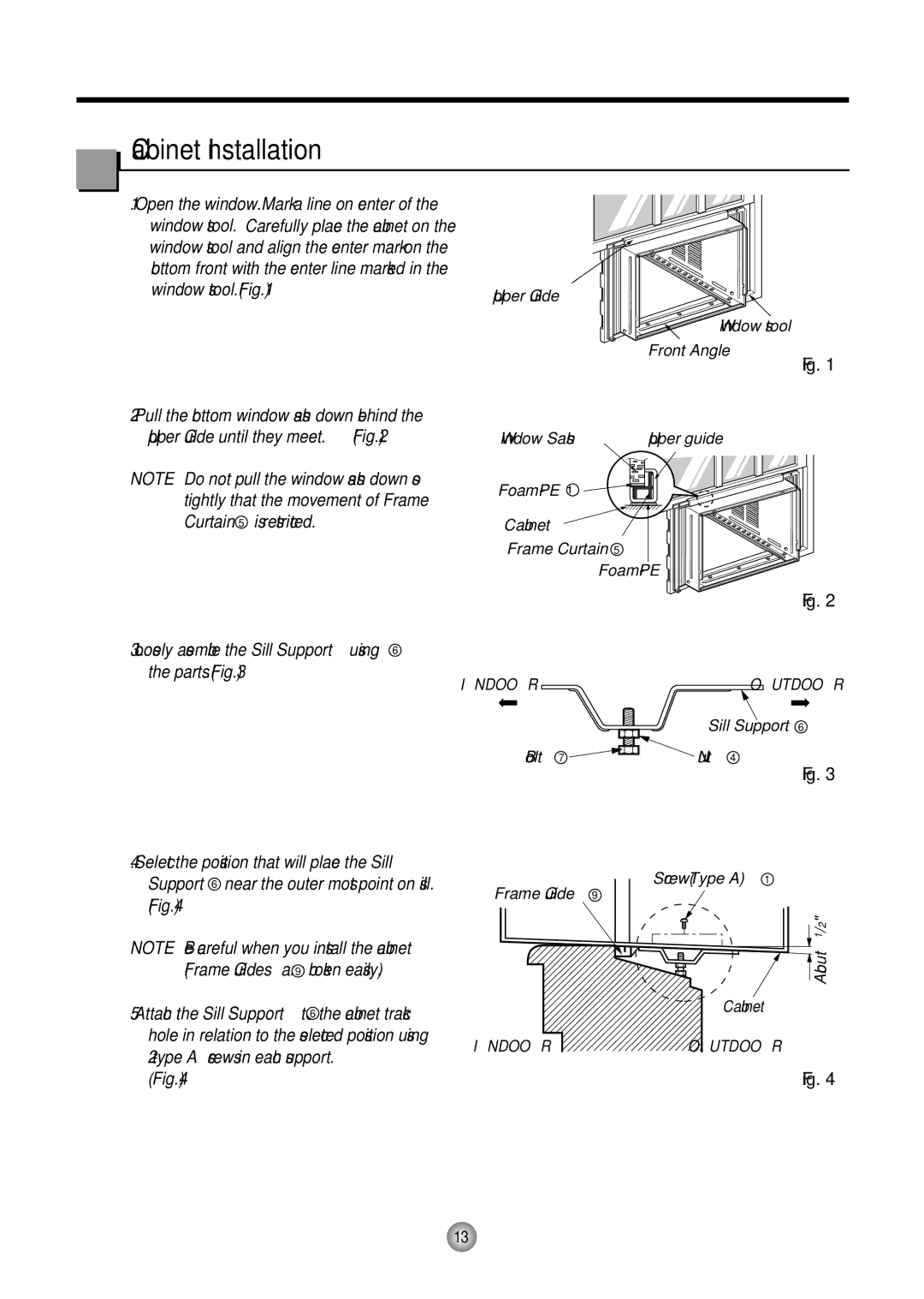 Friedrich CP12, CP10 manual Cabinet Installation, Open the window. Mark a line on center, Window stool. Fig 