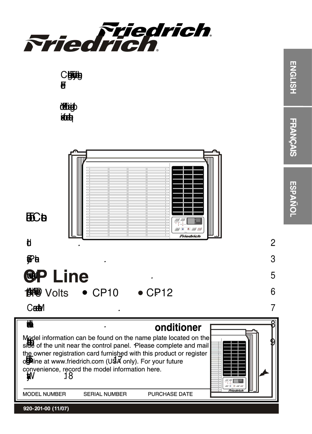 Friedrich CP12, CP10 manual Table of Contents 