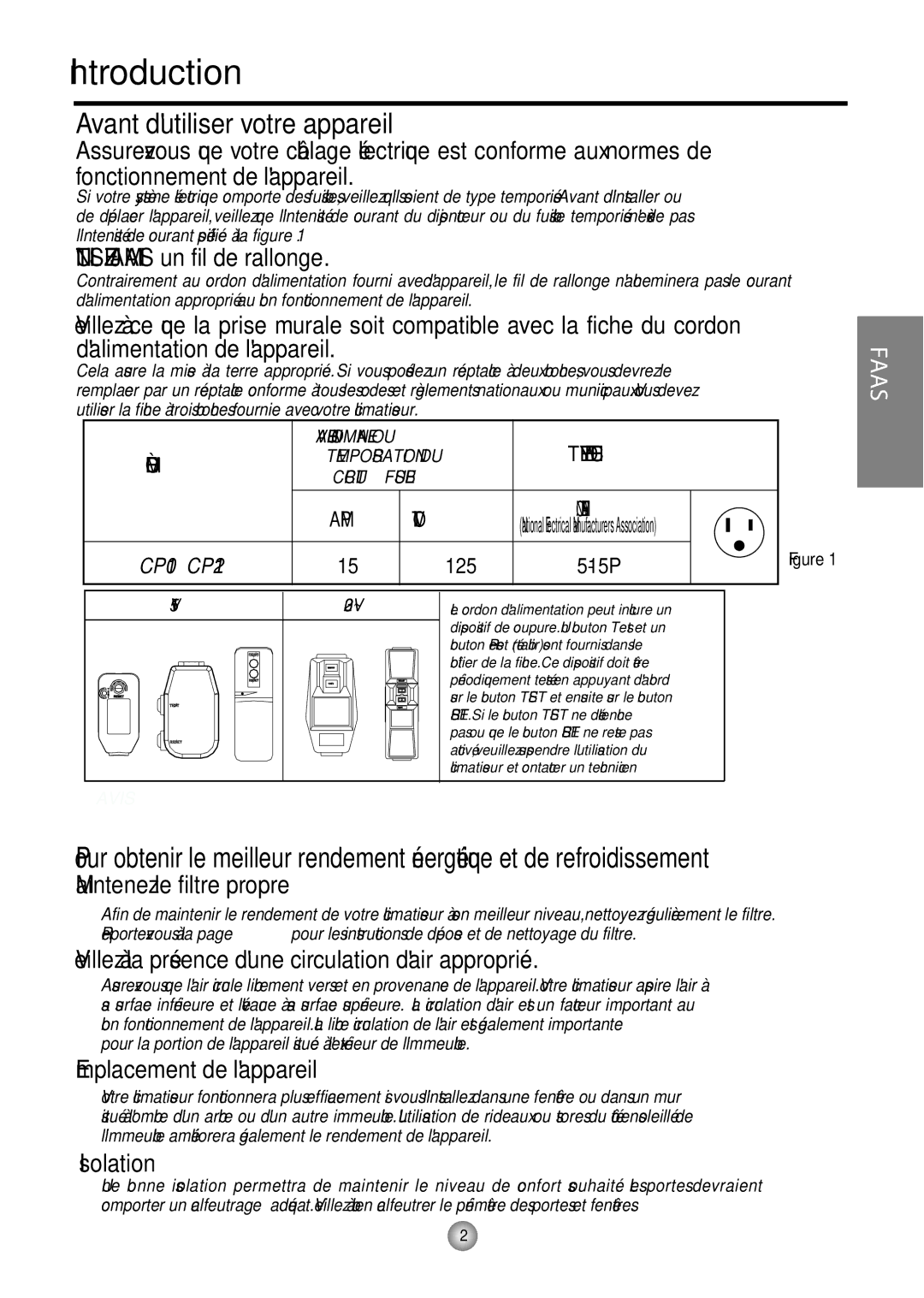 Friedrich CP10, CP12 manual Avant dutiliser votre appareil, 115V~ 