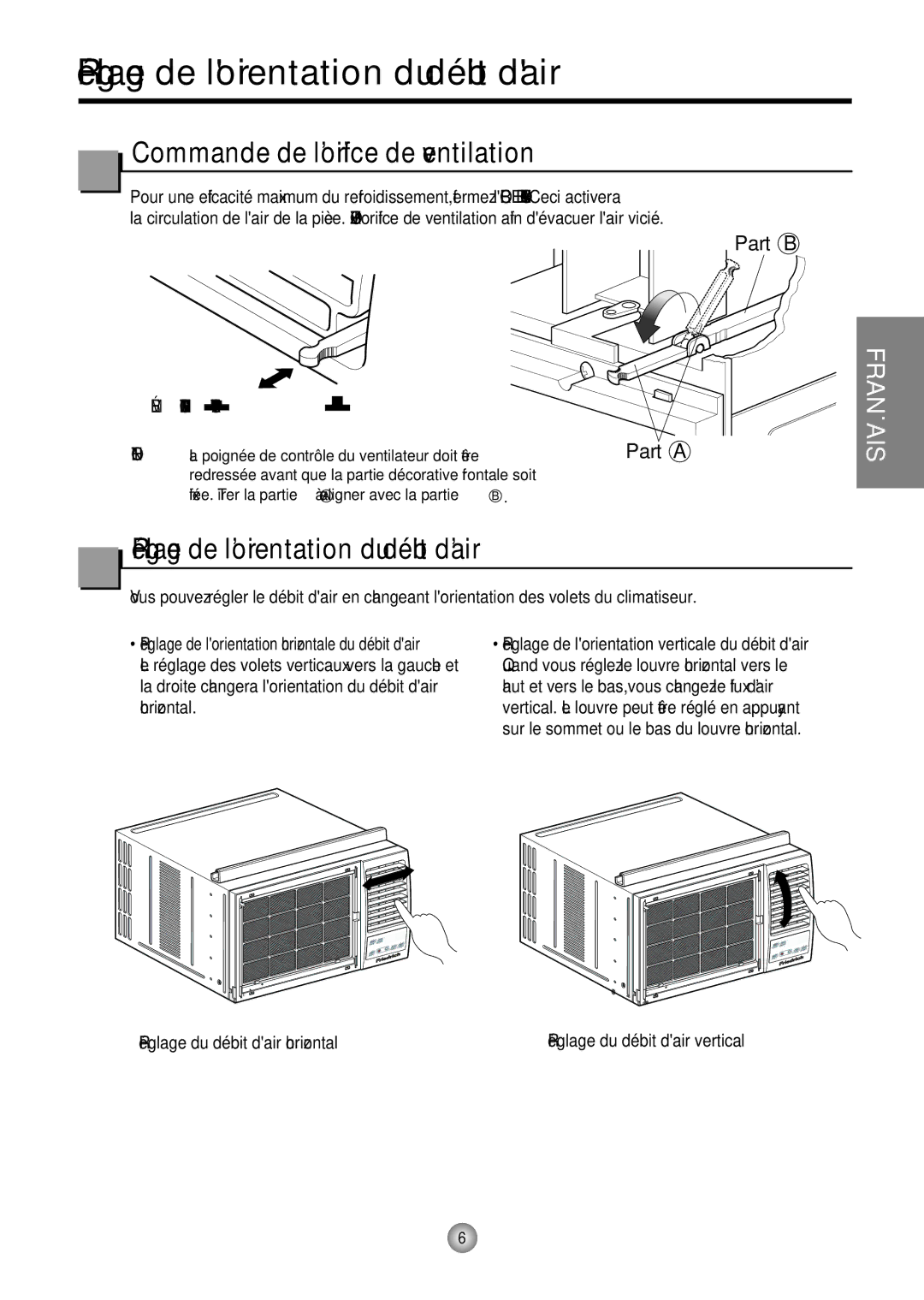 Friedrich CP10, CP12 manual Réglage de lorientation du débit dair, Commande de l’orifice de ventilation 