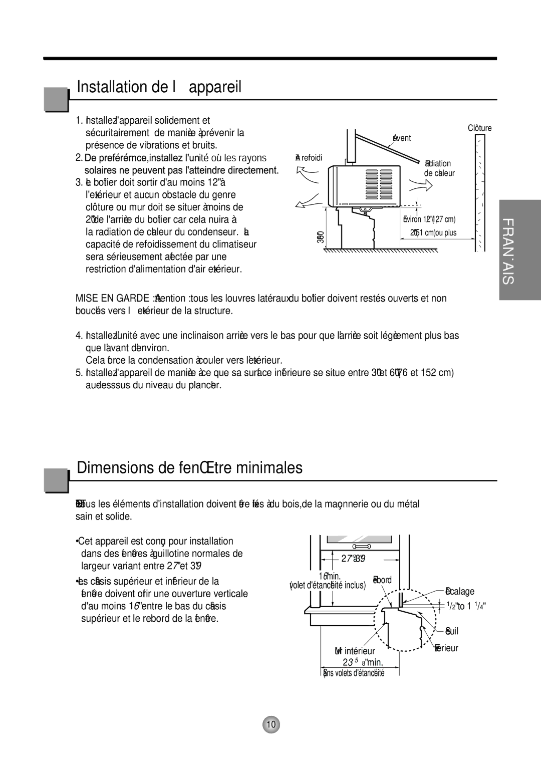 Friedrich CP10, CP12 manual Installation de l’appareil, Dimensions de fenêtre minimales, 27 à 16min. Rebord 